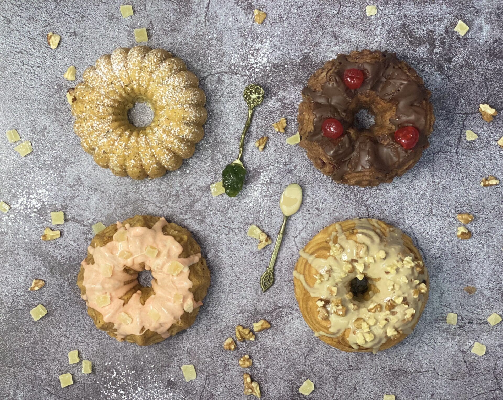 Four bunt cakes with different flavors