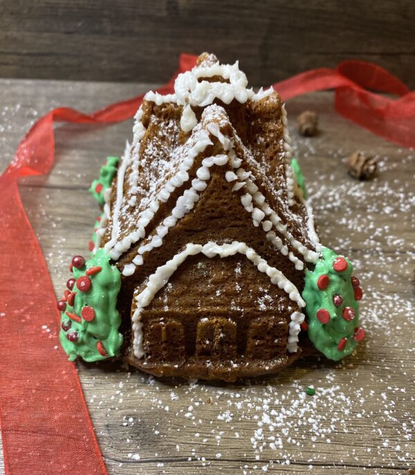 A Mini Orange Honey Gingerbread House Cake Front