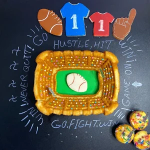 A baseball field-themed cake