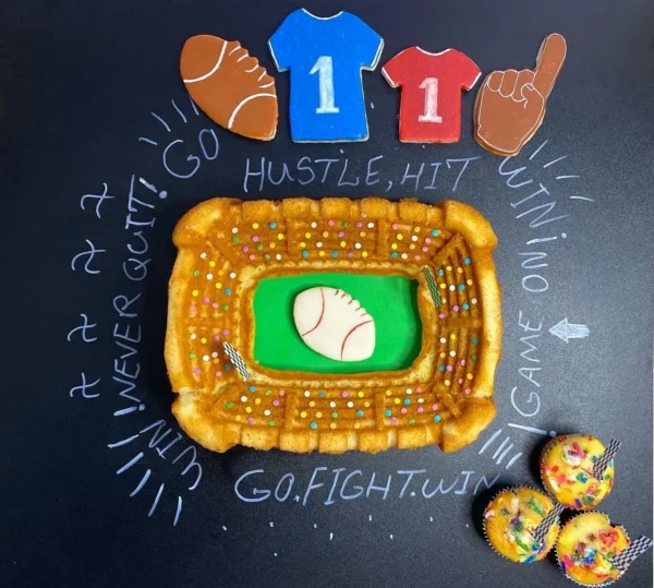 A baseball field-themed cake