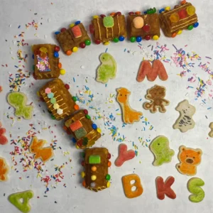 Cookies with letters and dinosaurs