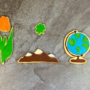 Four cookies in different shapes, such as tulip, mountains, globe, and clover